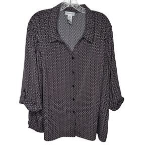 Catherines Plus 2XWP Geometric Print Button Front Blouse Roll Tab Sleeve Boho‎